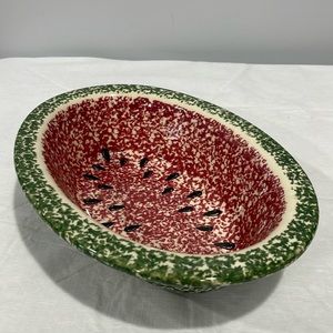 Roseville Spongeware Watermelon 12"x9" Oval Serving Bowl Green red